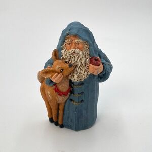 June McKenna 1992 Flat Back Santa with Reindeer Wood Blue Rustic 5 Inch Signed